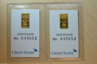 2x Credit Suisse 1 Gram.  9999 Gold Bar - With Assay Certificate Kg11 photo
