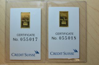 2x Credit Suisse 1 Gram.  9999 Gold Bar - With Assay Certificate Kg9 photo