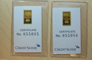 2x Credit Suisse 1 Gram.  9999 Gold Bar - With Assay Certificate Kg8 photo