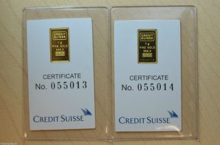 2x Credit Suisse 1 Gram.  9999 Gold Bar - With Assay Certificate Kg7 photo