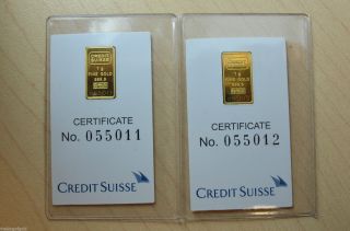 2x Credit Suisse 1 Gram.  9999 Gold Bar - With Assay Certificate Kg6 photo
