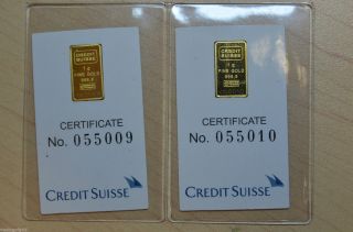 2x Credit Suisse 1 Gram.  9999 Gold Bar - With Assay Certificate Kg5 photo