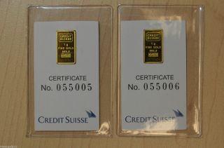 2x Credit Suisse 1 Gram.  9999 Gold Bar - With Assay Certificate Kg3 photo