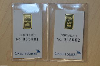2x Credit Suisse 1 Gram.  9999 Gold Bar - With Assay Certificate Kg1 photo