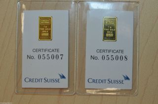 2x Credit Suisse 1 Gram.  9999 Gold Bar - With Assay Certificate Kg4 photo