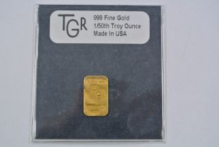 1/50th Oz.  24k Pure Tgr Premium Usa Gold Bullion Bar -.  999 Fine Gold photo