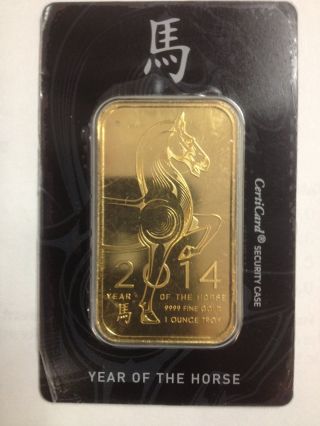 1 Oz 2014 Ohio Precious Metals Year Of The Horse Gold Bar, .  9999 Pure Gold. photo