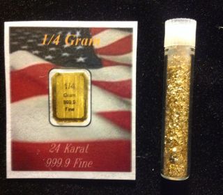 1/4 Gram 24k 999.  9 Pure Solid Gold Bullion & Vial Of 24kt Gold Flakes photo