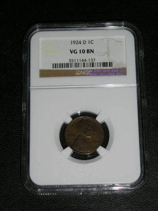 1924 - D Lincoln Cent,  Slabbed,  Certified,  Ngc Vg 10 Bn,  Key Coin photo