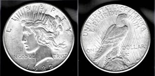 1922p 90% Silver Peace Dollar Gem Bu Full Strike 100% White State Coin Nr photo