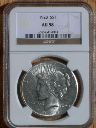 1928 Au58 Ngc Peace Silver Dollar,  About Unc 58,  Conserved By Ncs,  Bright White photo