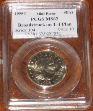 1999 P Susan B Anthony Dollar Error Broadstruck Pcgs Ms62 Graded Sba Large Coin photo