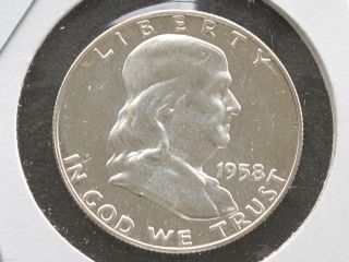 1958 - P Franklin Half Dollar 90% Silver Proof U.  S.  Coin D4412 photo
