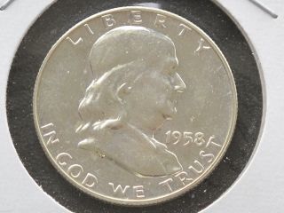 1958 - P Franklin Half Dollar 90% Silver Proof U.  S.  Coin D4424 photo