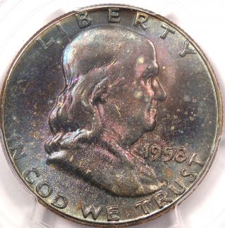 1958 Franklin Half Dollar 50c - Pcgs Ms65 - Blueberry Rainbow Tone Coin photo