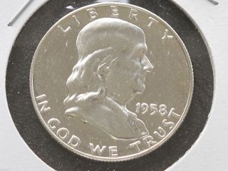 1958 - P Franklin Half Dollar 90% Silver Proof U.  S.  Coin D4428 photo