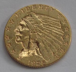 1925 Usa $2 1.  2 Dollars Gold Coin,  1/4 Eagle,  Indian Xf photo
