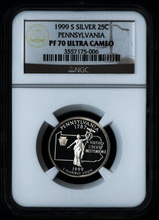 1999 S Pennsylvania Silver State Quarter 25c Proof Ngc Pf70 Ultra Cameo photo