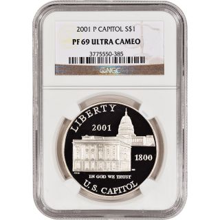2001 - P Us Capitol Visitor Center Commem Proof Silver Dollar - Ngc Pf69 Ucam photo