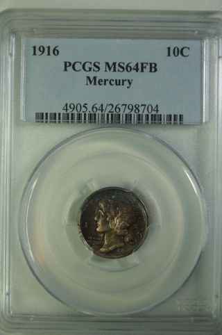1916 Silver Mercury Dime Graded Ms64fb By Pcgs Full Split Bands Toning photo