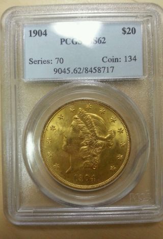 1904 Gold Us $20 Liberty Head Double Eagle Coin Ms - 62 Pcgs - Rare photo