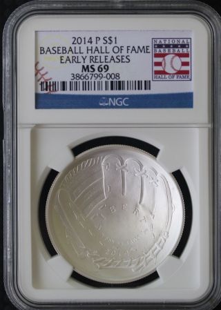 2014 Baseball Silver Dollar Ngc Ms 69 Early Releases Box + Hof Card photo