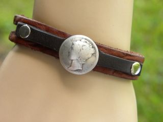 Cuff Bracelet Buffalo Leather Wristband,  1918 Silver Mercury Indian Style photo