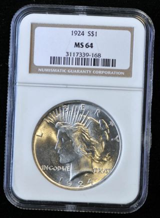 1924 Silver Peace Dollar Graded By Ngc Ms64 $1 photo