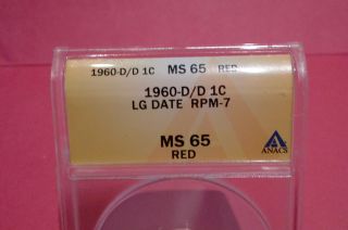 Anacs 1960 - D/d Large Date Rpm 7 Lincoln Cent,  Gem Ms - 65 Red photo