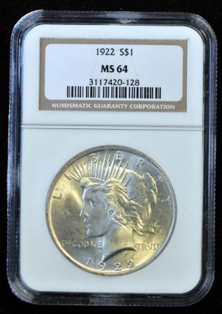 1922 Silver Peace Dollar Graded By Ngc Ms64 $1 photo