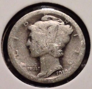1918 Mercury Dime Fair 90% Silver Us Coin Winged Liberty Head S&h photo