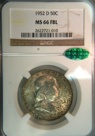 1952 - D Franklin Silver Half Dollar 50c Ngc Ms66fbl Cac - Full Bell Lines photo