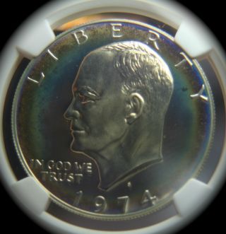 1974 - S Silver Ike Ngc Pf68 Cameo Rainbow Toned Eisenhower Silver Dollar Proof photo