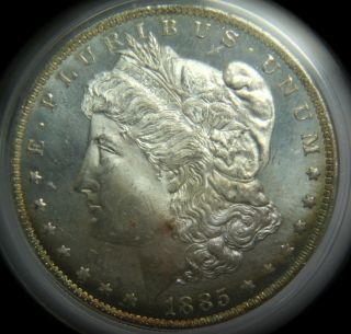1885 - O Morgan Silver Dollar Pcgs Ms65pl - Proof - Like - Rainbow Crescent Beauty photo
