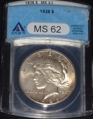 1928 Peace Silver Dollar Anacs Ms62 Outstanding Coin photo
