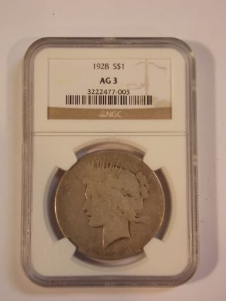 1928 Peace Silver Dollar Ngc Ag 3 - Key Date (dbbx) photo