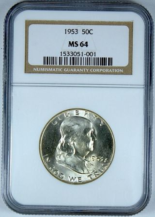 1953 50c Franklin Silver Half Dollar Ngc Ms64 24 - Hour photo