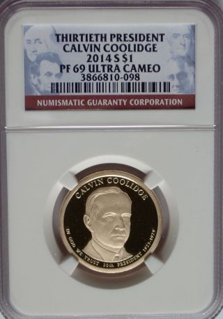 Ngc 2014 S Pf69 Proof Calvin Coolidge 30th Presidential Dollar $1 Usa Coin photo