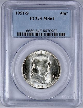 1951 - S Franklin 50c Silver Half Dollar Pcgs Ms64 24 - Hour photo