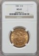 1883 $10 Liberty Head Ms Gold Coin,  Ngc Ms62,  Type 3,  With Motto Gold (Pre-1933) photo 2
