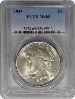 1935 $1 Silver Peace Dollar Pcgs Ms65 Eye Appeal Lustrous Better Date photo
