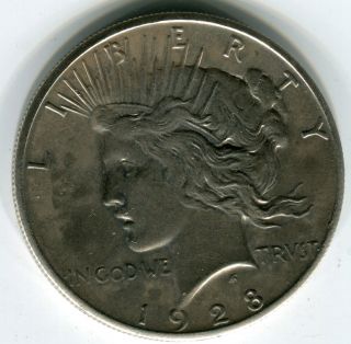 1928 $1 Peace Silver Dollar Bu And Well Struck.  Lightly Cleaned At One Time photo