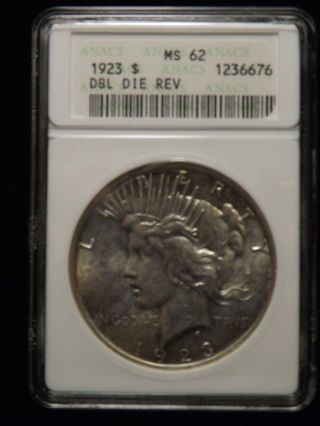 1923 Peace Silver Dollar Certified Anacs Ms 62 Double Die Reverse photo
