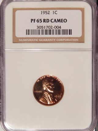 1952 1c Ngc Pr - 65 Red Cameo Pretty Gem Proof Lincoln Cent photo