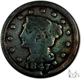 1847 Good Details Braided Hair Large Cent 1c Us Coin A7 photo