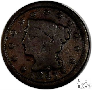1847 Good Braided Hair Large Cent 1c Us Coin A8 photo