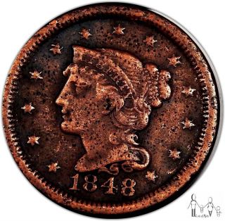 1848 Vf Details Braided Hair Large Cent 1c Us Coin A10 photo