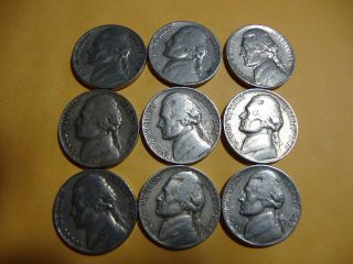 9 Different Jefferson Nickels 1939 - 1948 - S photo
