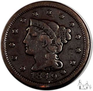 1849 Vf Details Braided Hair Large Cent 1c Us Coin A13 photo