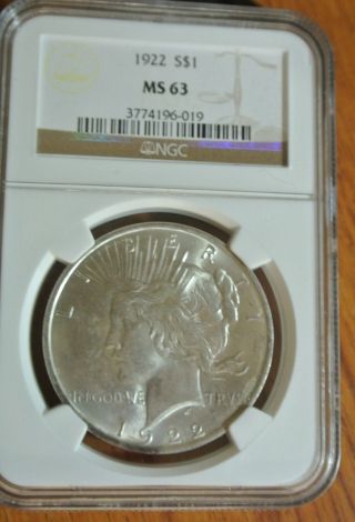 1922 Peace Silver Dollar Coin Tough Ngc Ms63 photo